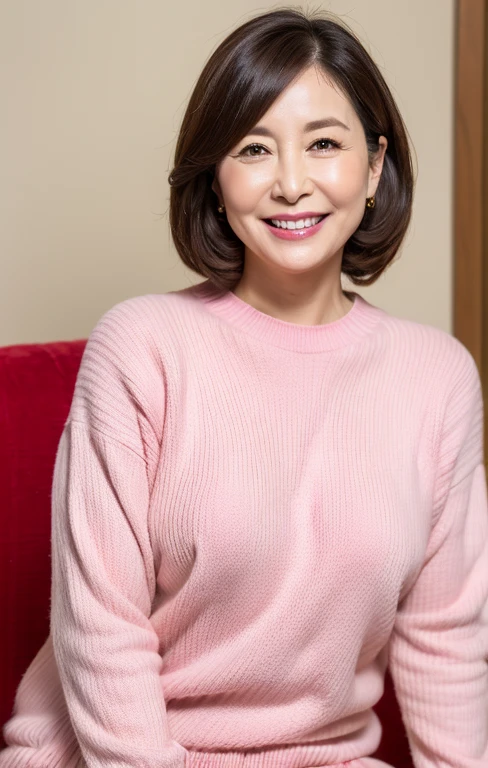 masutepiece,Best Quality, (Mature woman alone), ((Portrait:1.5)), ((Look down, Looking at the viewer)), makeup, (((Tunic sweater))),skirt by the, Wavy Hair, ((Seduction expression, Smile:0.3)),