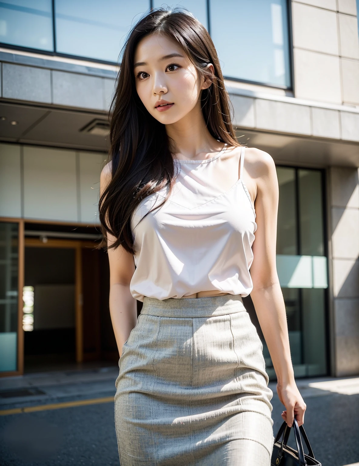(masterpiece, best quality，High resolution, Super Detail：1.2), 1 Girl, Solitary，Wearing T-shirt，Hip skirt，Place your hands crossed on the table，Lean forward