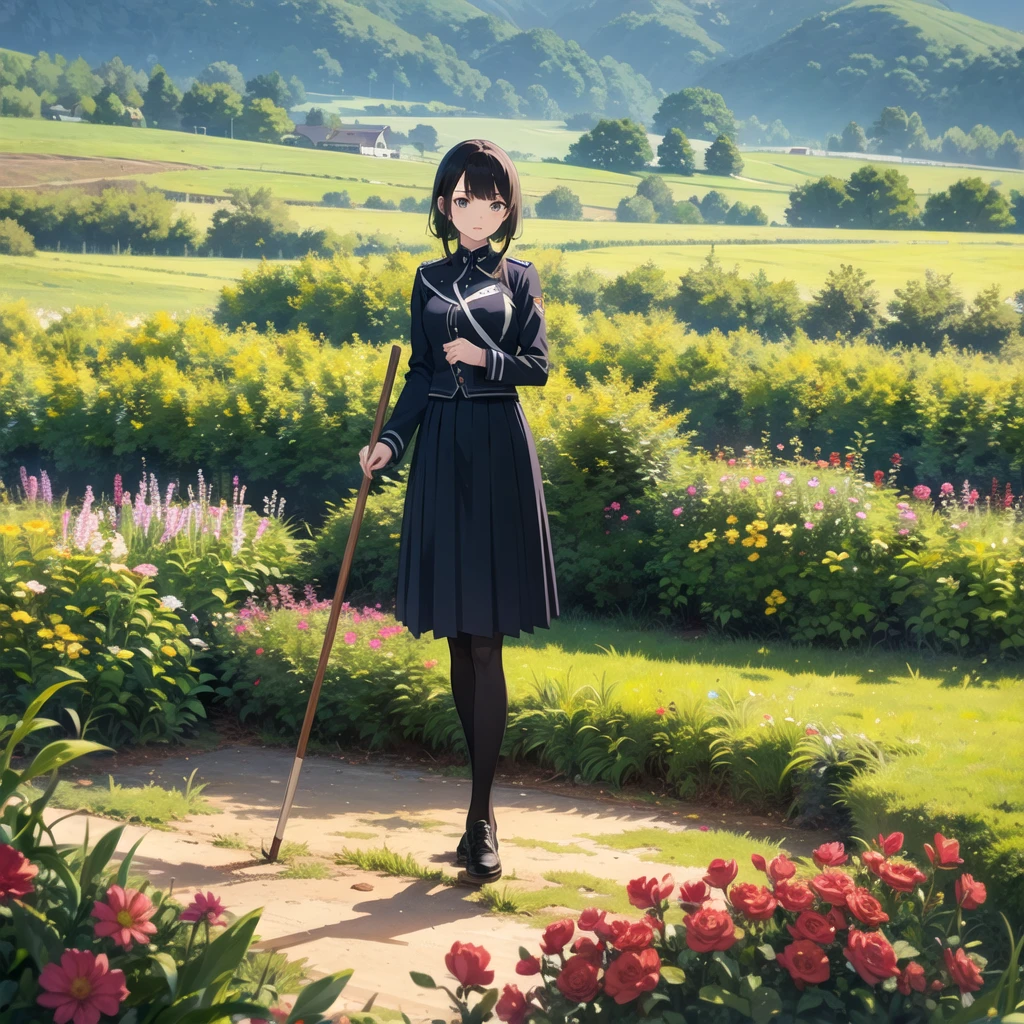 1 female, A dignified expression, cool、Short black hair、sunny day、picnic、I'm wearing a dress.。