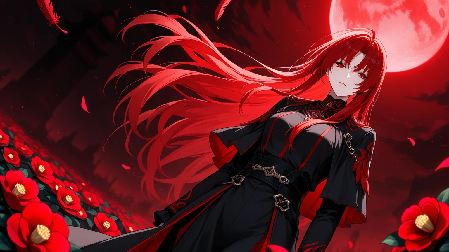 "Epic dark atmosphere, stunning 4k artwork featuring a  with confident long red hair and red glowing eyes, she wear red villain coat, standing proudly and filled with an aura of majesty, her body  and smiled horribly, she is vampire"