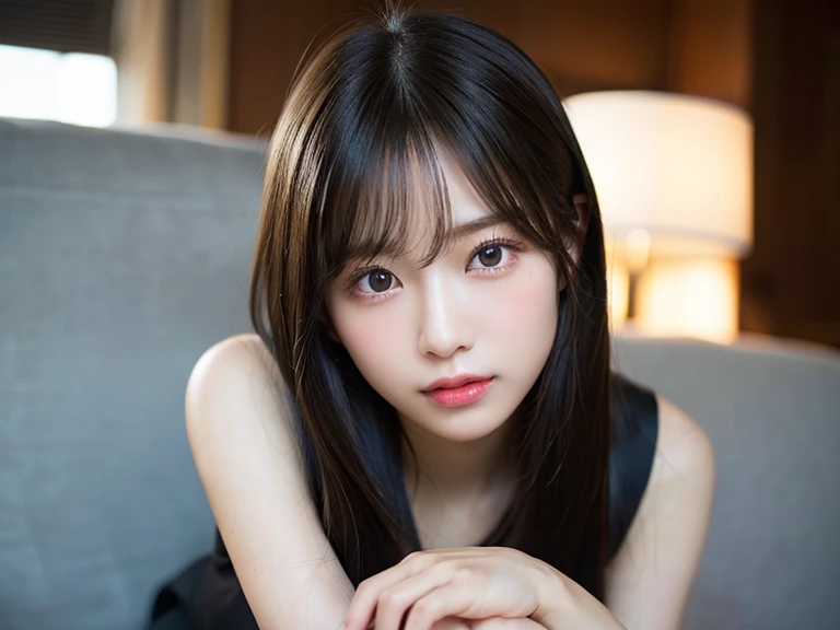 soine,large ,thin,cute face,big eyes,drooping eyes,thin eyebrows,thin lips,large eye bags,smiling,naughty expression,medium hair,black hair,eyes,high quality,photorealistic,dslr,masterpiece,highly detailed,japanese,beautiful woman,14 years old girl,full body,lying on the bed