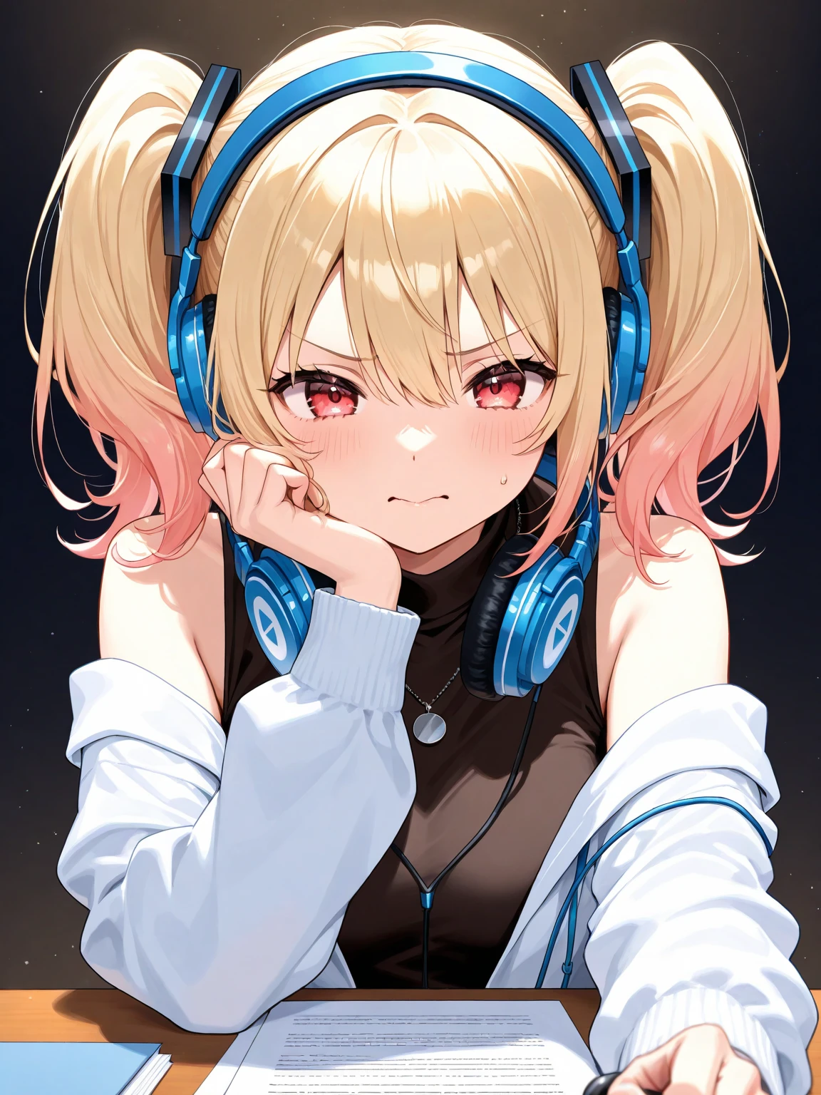 Room with speakers、Cat with headphones、Face close-up、night、Blonde、smile、Sitting in a chair