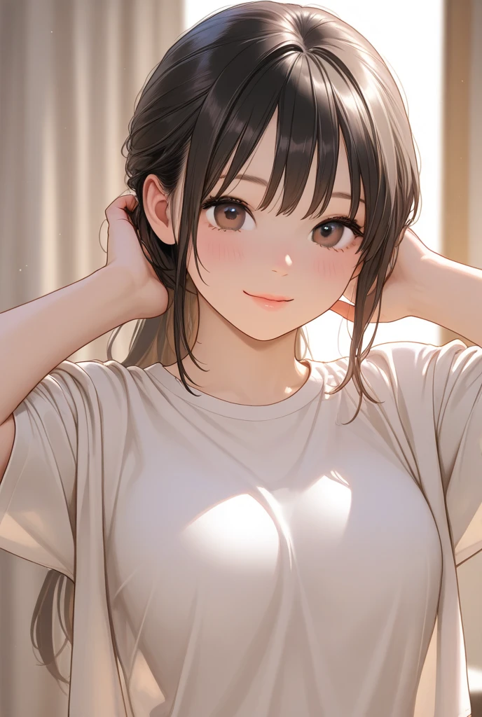 raising hand, Biologically correct five fingers、、Upper Body, Realistic, real person, (pale skin: 1.2), RAW photo, photorealistic, shiny skin, shiny hair、(A 25-year-old woman with medium-length hair and bangs) and (wavy hair) and (brown hair) and (orange eyes) , Wearing a white tank top 、surprised, open mouth, The background is the living room、Alone、Are standing