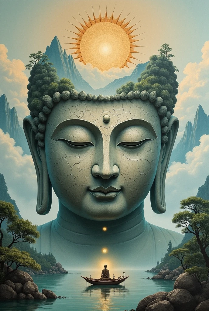 (The quasi-Buddha is integrated with the mountain),humongous large ,Leshan Buddha,Be with nature,surrealism, High detail, hyper photorealism, stereograms, Cinematic lighting, god light, hyper HD, Masterpiece, Textured skin, Best quality, A high resolution