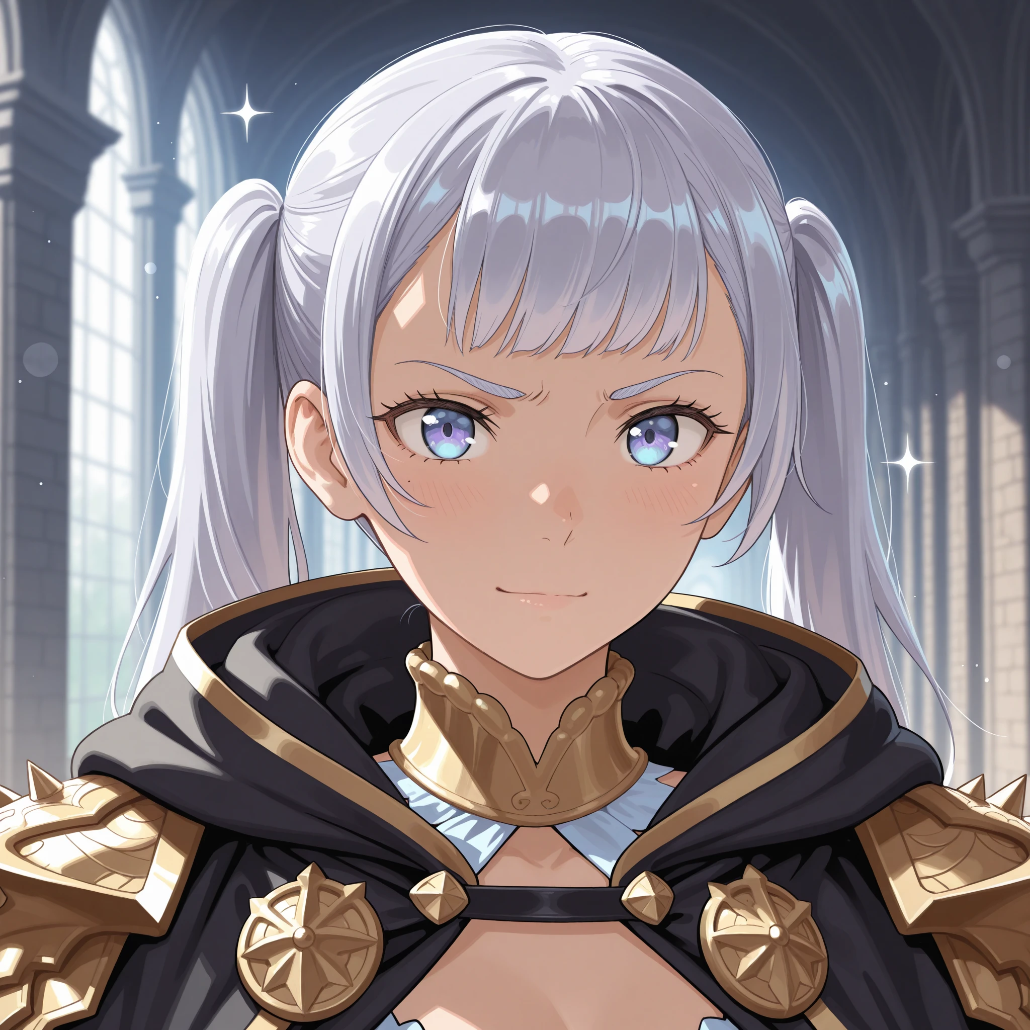 1girl, (forward leaning:0.6), white dress, breast armor, white hair, pony tail, left hand holding shield, (detailed shield:0.9), smiling, medium breast, hair ornament, (detailed armor:0.9), knight uniform, earings, castle background, holy light