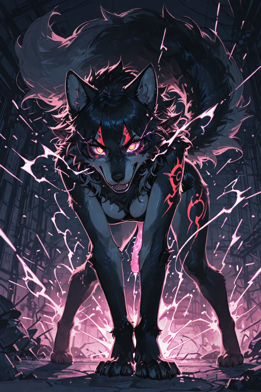 (best quality,4k,8k,highres,masterpiece:1.2),ultra-detailed, furry Wolf boy with well toned abs,wolf snout, wolf ears,wolf tail,cyberpunk samurai,purple highlights in hair,black hair,punk hairstyle,action pose with katana,sharp focus,professional,vivid colors,studio lighting,dark atmosphere,lit by moonlight,glowing green eyes,expressive, samurai armor,dynamic movement,mysterious background scenery,sinuous motion,intense fight scene with flying cherry blossoms