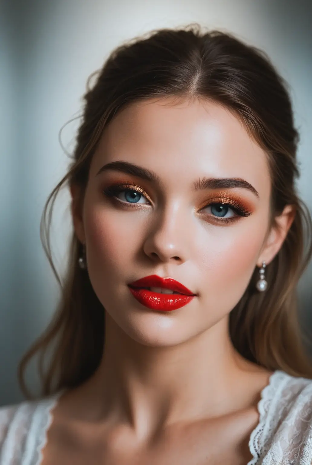 Gorgeus Girl, Beautiful, Baby Face, 40 Years Old, () White Skin, Beside, Pose, , Blue Eye, Muscles, (red lipstick) lips glossy, wet glossy, Bokeh, (chubby Girl), Modern Place Background, Masterpiece, Fullbody Shot, , (())