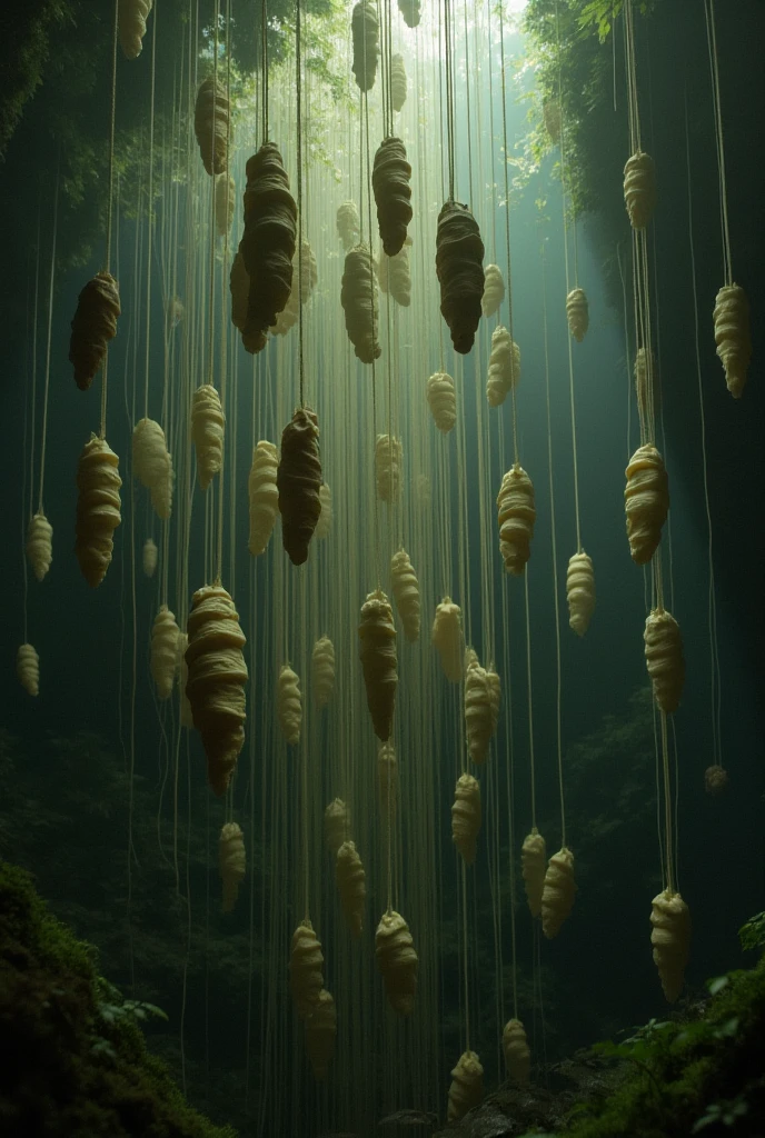 5 girls, trapped in glistening silk cocoons, suspended by spider webs mid air, dessert