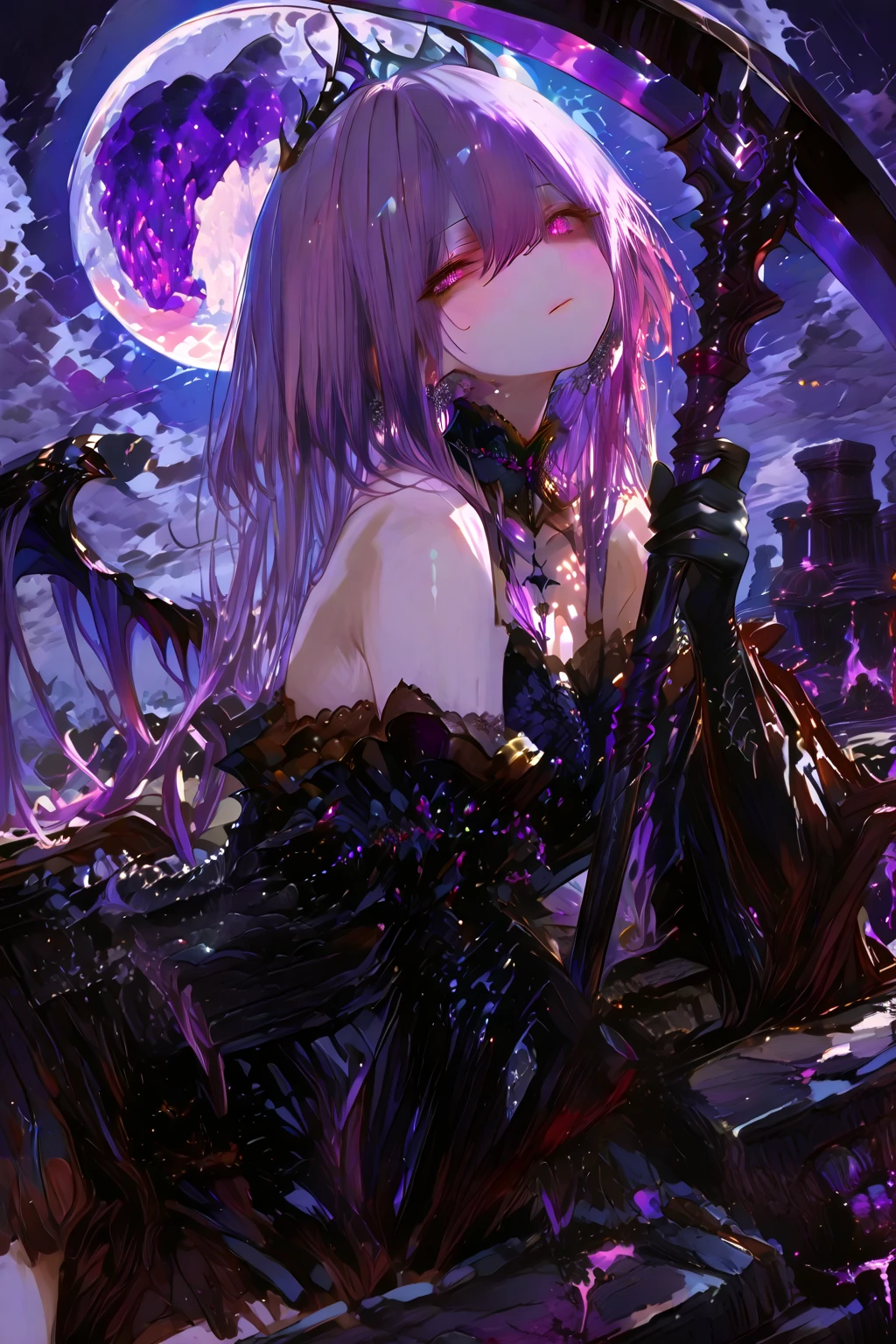 Anime girl in a purple dress holding a purple rose and a black and white umbrella, Shadowverse Style, Stylish Dark Witch, dark witch character, Gothic Maiden Anime Girl, Dark Sorceress Full View, Dark magician full body pose, Astral Witch Outfit, mechanized witch girl, From Bravely Default II, marisa kirisame, From Girls Frontline