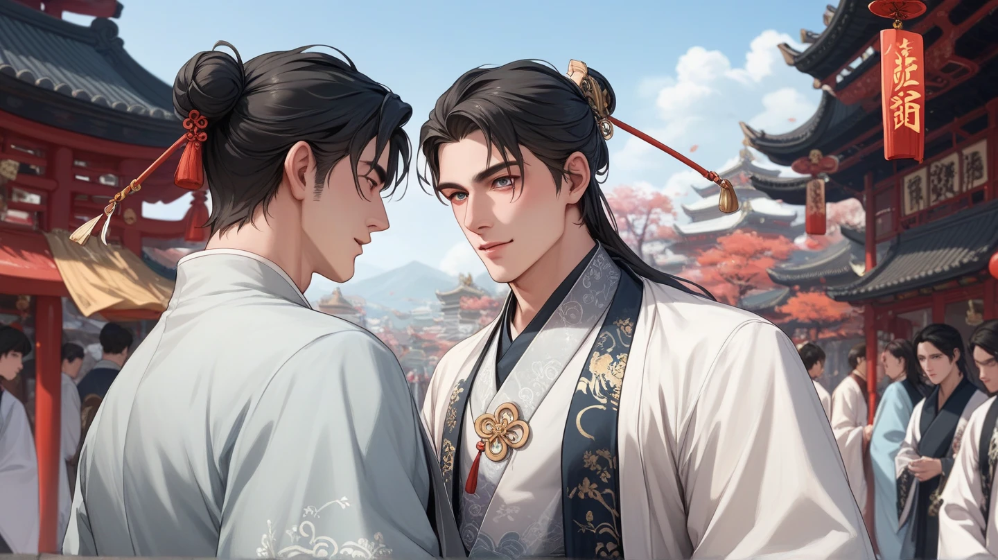 quadratic element，style of anime，1 man（Male Warrior），solo person，closeup of face，High ponytail hairstyle，perspired，White Hanfu，longer sleeves，Wear arm guards、Armour，blue colored eyes（eyes glowing），cabelos preto e longos，Sweat on the face，Handsome，（juvenile sense），Clothing is complicated，Refinement，high qulity，higher details，a sense of atmosphere， closeups，