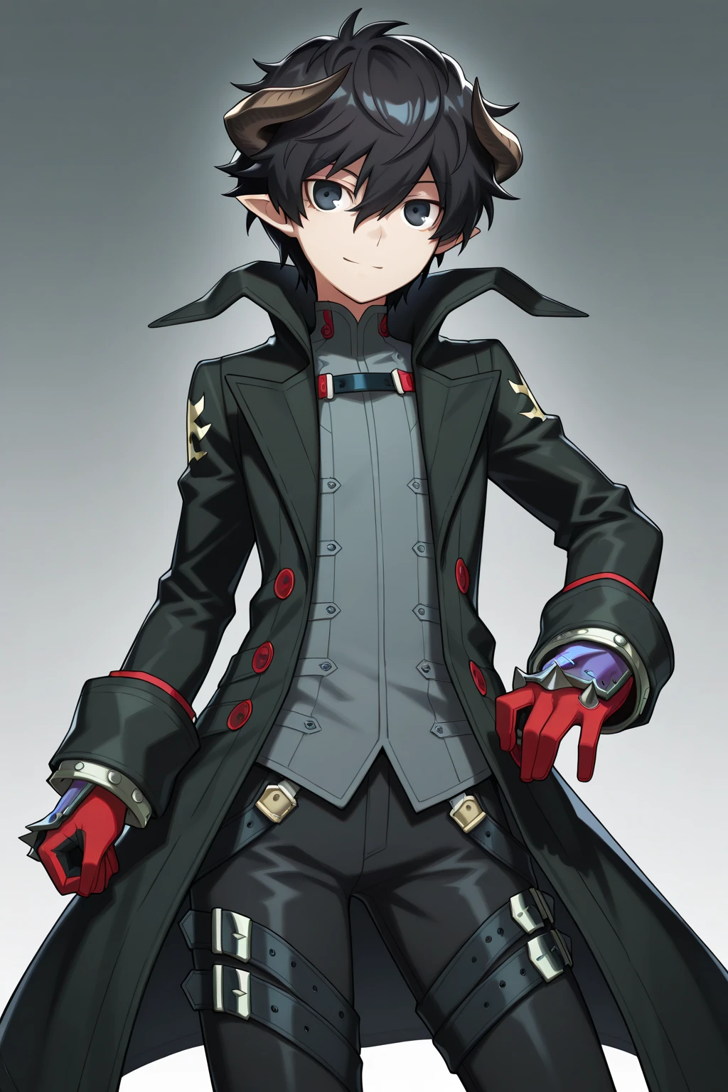 Marshall Lee Handsome 18 year old vampire boy with black hair, light brown skin, pointy ears, red eyes, red shirt, open black jacket, black belt, black jeans, looking directly at the viewer with a white background.