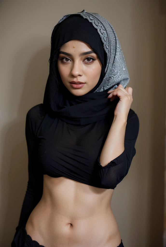 (iu:0.8).cleavage, RAW, Best quality, high resolution, Masterpiece: 1.3, two Beautiful glasses hijabi java girls wearing haltertop and bikini_bottom, Masterpiece, Soft smile