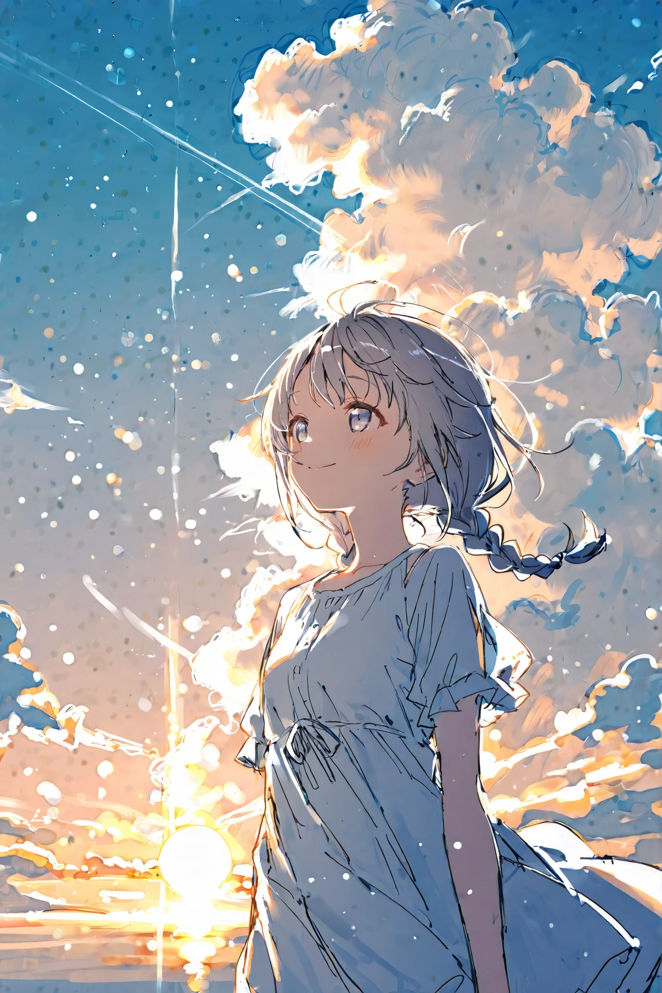 masterpiece, best quality, movie still, 1girl, cloud girl, floating in the sky, close-up, bright, happy, warm soft lighting, sunset, (sparks:0.7)