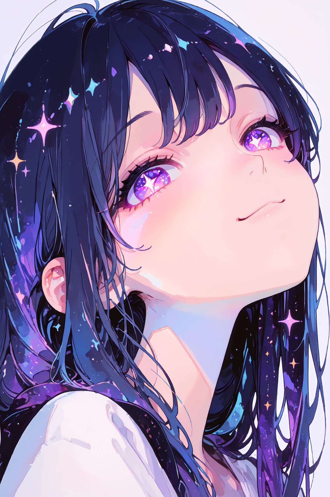 (masutepiece:1.3), (Best Quality:1.3), High resolution, Couboy Shot, on  back, Sleeping, (One Cute Girl:1.3), Solo, White skin, tiny chest, huge smile、Circle of Angels、Angel Ring、eight-headed person, Purple hair, (bobhair:1.2), Mixed mesh and light blue、Short hair, (Blunt bangs:1.2), Beautiful hair, Eyes are purple, Beautiful detailed eyes, ultradetailed eyes、Sparkling eyes、octans,cloud,colorful starry,stars,Iridescent aura around the eyes、Iridescent eyes、Detailed eyes that are sucked in,Wearing a rainbow-colored aura from all over her body、purpleish color, Outdoors, Purple background, Shadow lighting,perfectbody