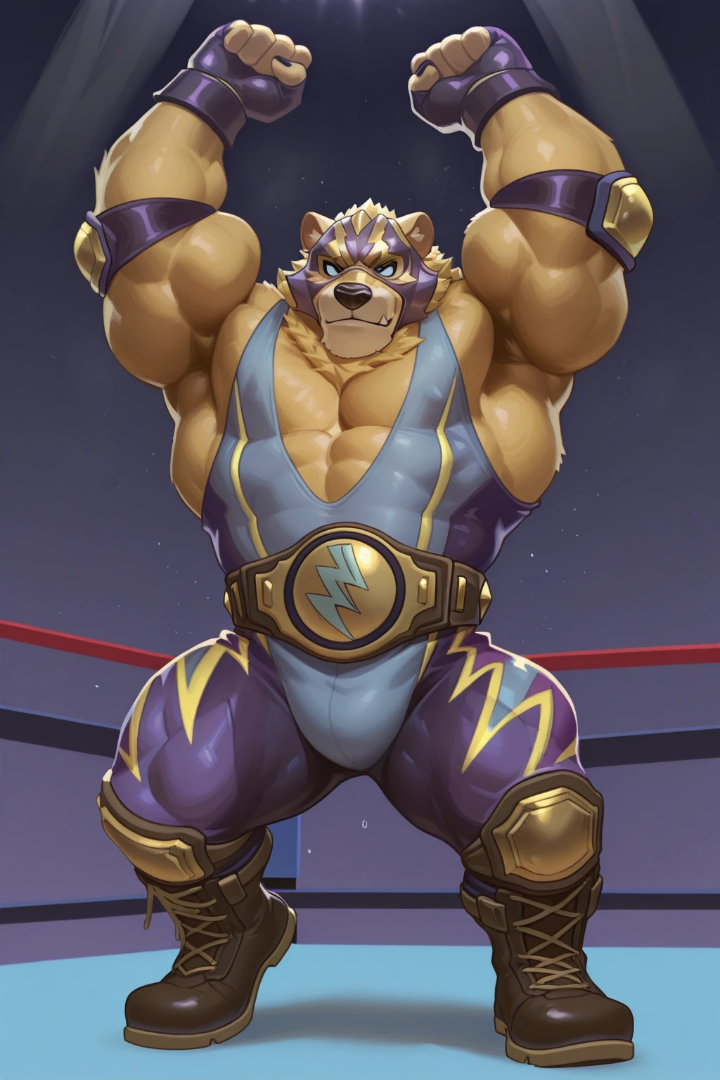 solo, 1boy, Huge Thickend Muscular Old Grizzly Bear wearing glasses , pectoral, huge pectoral, wide pectoral, brown fur, short white hair, black competitive briefs,  , bearded, 
Mustache, bodybuilding conpetition stage background, masterpiece, high detailed, 8k, high resolution, at the stage flexing whole body veiny. (Side chest bodybuilding pose). Winner, gold metal