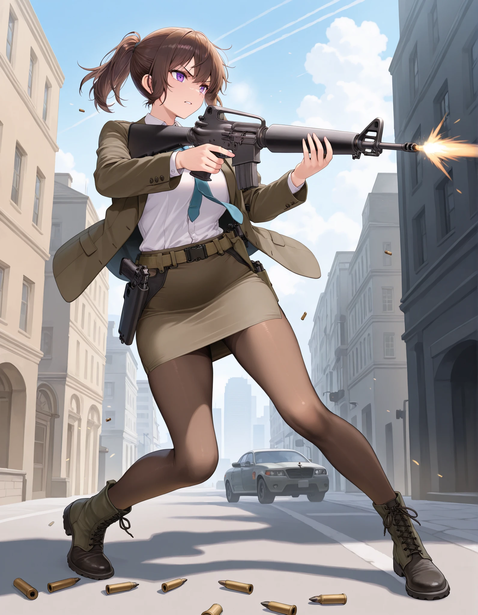1girl, aiming and firing pistol, brown hair, short hair, ponytail, finger on trigger, gun, large-caliber handgun, holding, holding gun, holding weapon, holster, open suit jacket, white shirt, , (pantyhose), pencil skirt, skirt, solo, trigger discipline, weapon, purple eyes, dynamic action stance, grim expression, city backdrop, boots, full body character design, brown suit and tie, necktie, belt, cowboy shot, full body