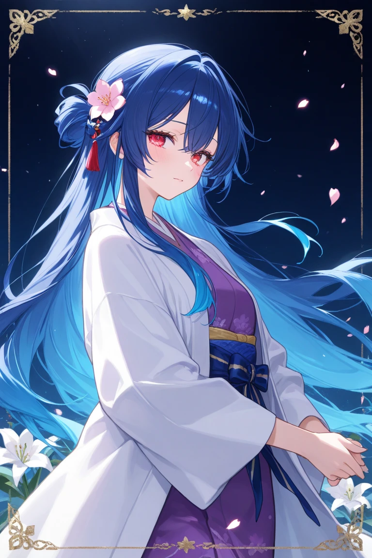 (masterpiece:1.2),Super detailed,Practical,expressive eyes,Fair skin,Perfect face shaping,1 Girl,
Japanese cartoons,Gorgeous blue hair, the long flowing blue hair,Floating clothes,Cat ears,Petals falling,beautiful lola,Young Angel,
Hands on waist,sit elegantly on the ground,Cross your legs,Gentle and peaceful background,Cool and cozy pavilion,Sunset,