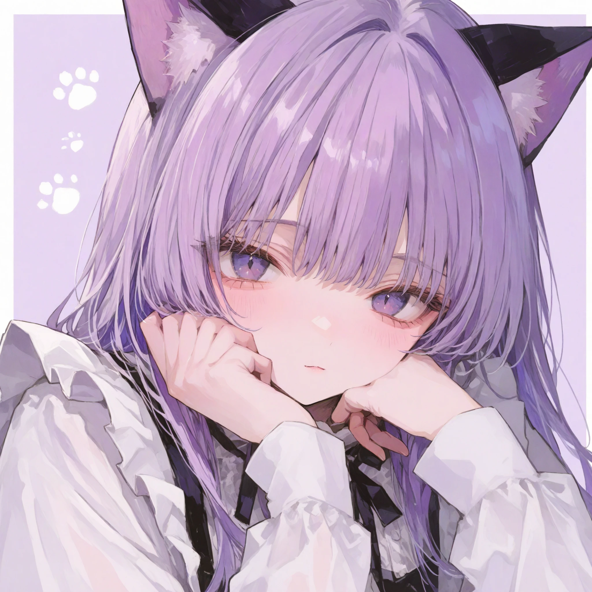 masunya, masyunya (vkontakte), masyunya /(vkontakte/), cat ears, purple skin color, hair bow, (purple hair color:1.1), black dress, cat tail, Sitting on the bed, alone, upper body, CuteStyle