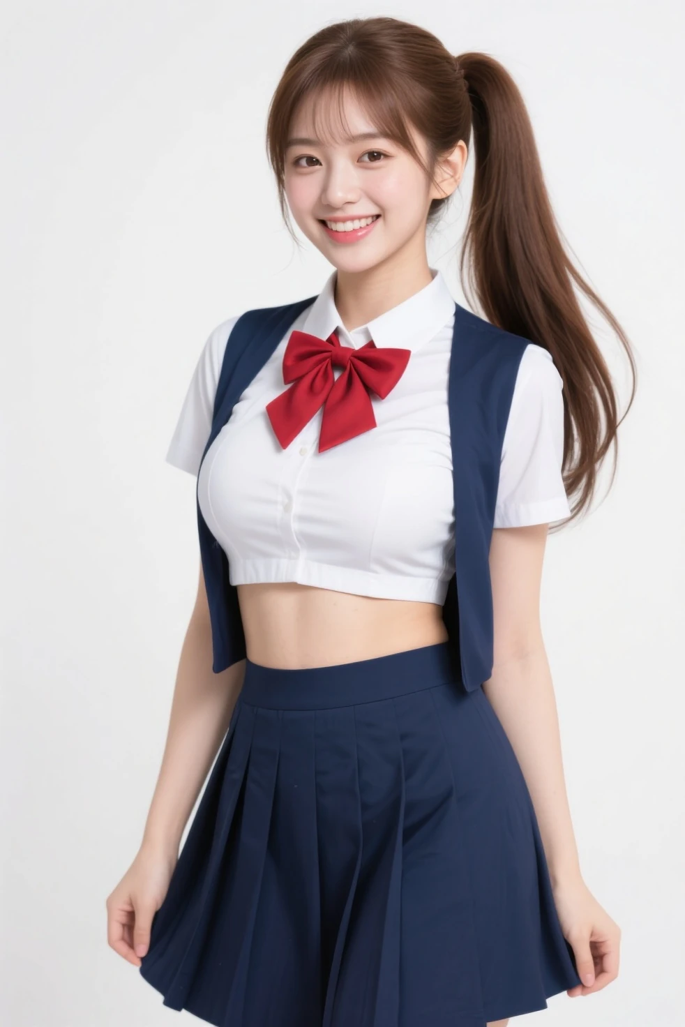 (8K), (highest quality: 1.2), (Realistic), (Realistic: 1.37), Ultra-high resolution, 1 girl, cute, (Embarrassed smile:1.2), (Blushing:1.4)Mouth closed, Beautiful details, Beautiful Nose, Wet Hair, giant dulcefo, pork, Thighs,Navel ,University Student Uniform,A simple blazer,Pleated check skirt,Platform boots,Dancing on the school stage,(Shiny Thighs:1.2),Medium Shot