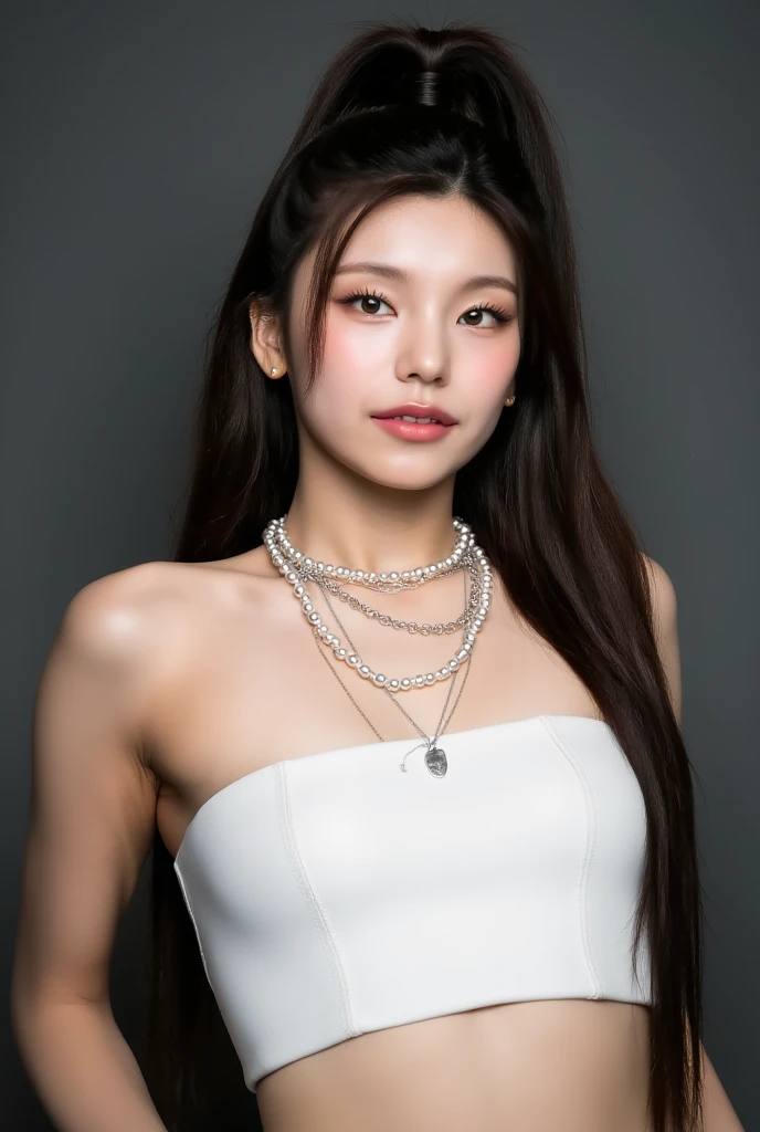 (Extra detailed body、The face is rich in detail、Best quality:1.2)、woman、Looking at the audience、（Quirky stylish、Large shoulder-length piercing、A necklace、Contrast purple, White and black clothes、Asymmetry)，Huge breasts