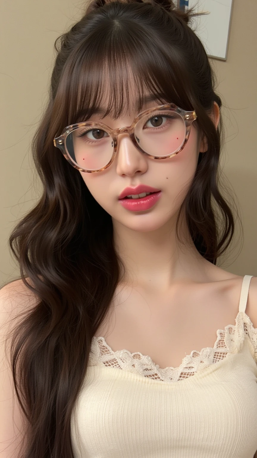 a close up of a woman wearing anteojos and a brown top, gafas redondas gruesas, with anteojos, round anteojos, big round anteojos, ulzzang, eyeanteojos, thick anteojos, anteojos anteojos, anteojos, wearing thin large round anteojos, wearing round anteojos, wearing small round anteojos, ( ( eye anteojos ) ), girl wearing round anteojos, con gafas, muchacha coreana huh yunjin big boobs