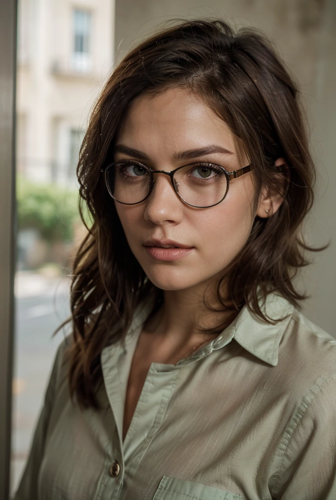 Megan Fox, ((curly short hair)), glasses, 8k, hyperrealistic, light on face, detailed eyes, detailed face, detailed hair, detailed lips, detailed skin
