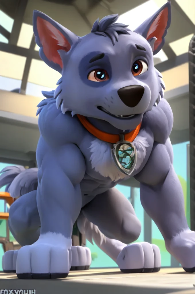 Exile (Road Rovers), blue fur, white fur, anthro, pointy ears, dog, solo, half body, muscular, pectorals, red dog collar, pet tag coin, smile, high quality, best resolution, cel shaded, light blue eyes, detailed eyes, silver uniform, silver armor, silver gloves, red belt, white background, no background, standing, looking at camera, by wfa, by rossciaco, by fabfelipe, hand on hip