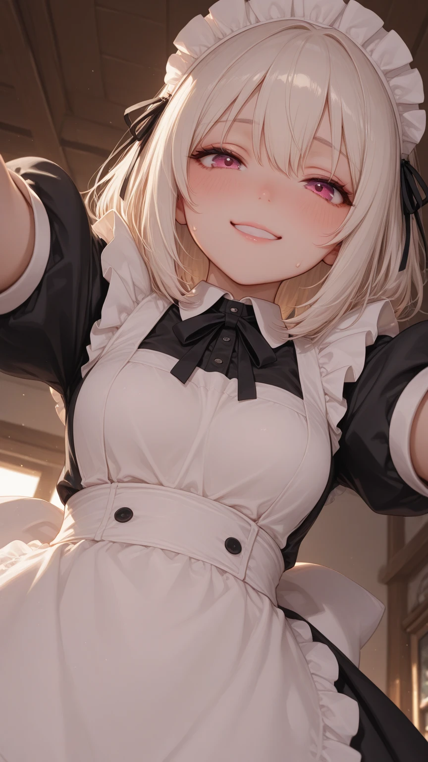 Highest quality,masterpiece,masterpiece portrait,Upper Body,　Blonde、Blue Eyes、Pink lips、、White shirt、Black Ribbon、Sexy atmosphere、cartoonist、(((Slightly )))、Wearing a beret、smile、Anime Style、Beauty、Her background is monochrome black、(((Front view)))、Looking up,oil