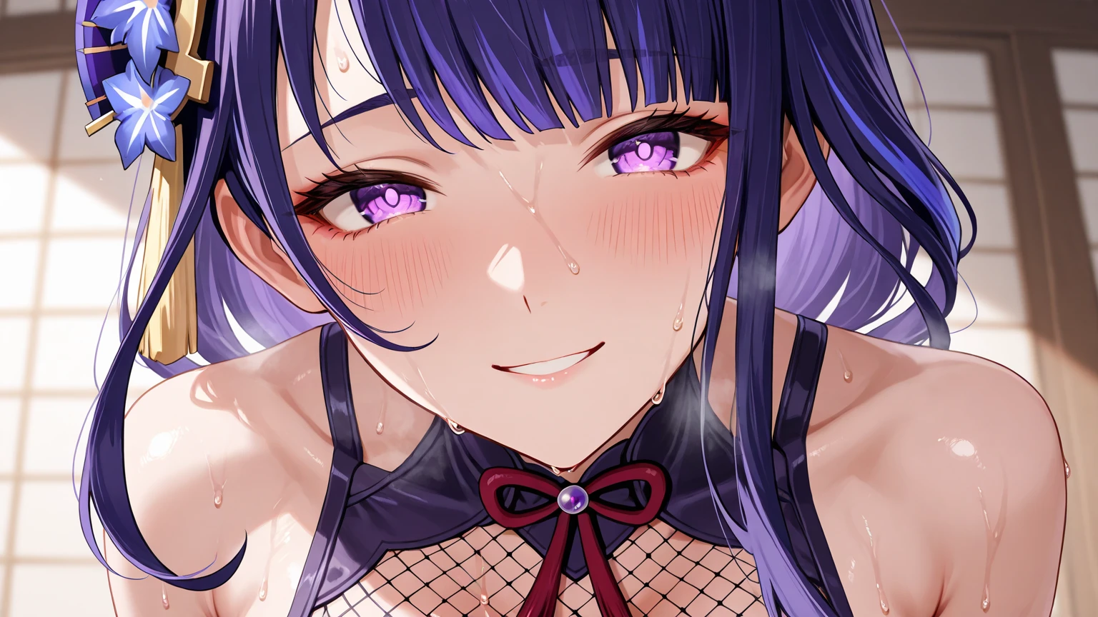 (8K, Highest quality, masterpiece:1.2),\(eye\),(\(Garment Details\)\),(Huge boobs) ,高画質CG Unity 8K ファイルサイズが大きい,Very detailed,High resolution,美しいeye,Ray Tracing,Dramatic Shadows,finely,Hyper Detail,(1 girl:1.3),(alone),Long Hair、wear(Cosplay_,Very cute black and purple  with frills,Short skirt),blush、Thick thighs、((eyeに見える))、((Black ))、Knee socks、Two-dimensional woman、(((Squat)))、((Face forward and spread your ))、Simple Background、Sweat a lot