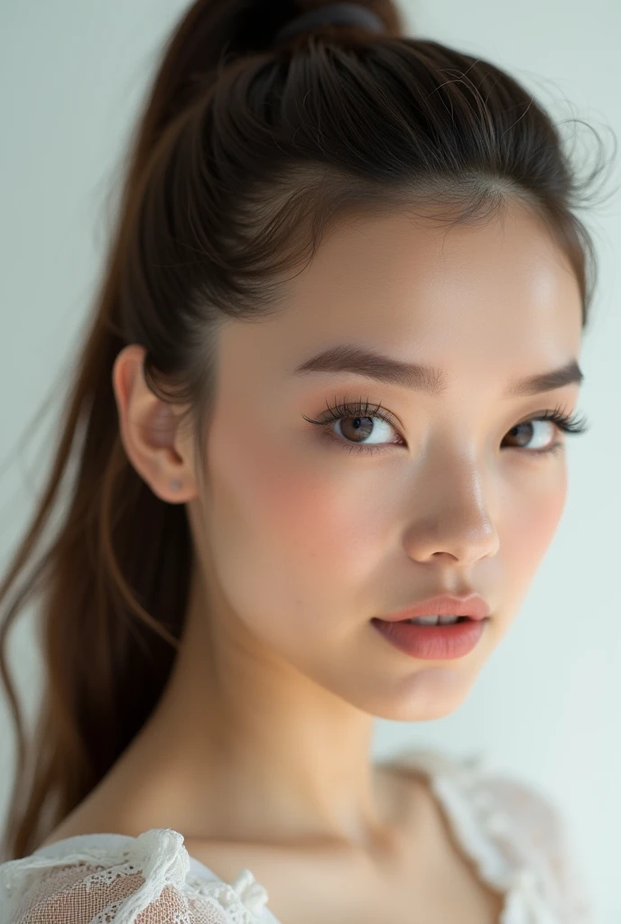 ((Make your subject look three-dimensional with the contrast of light and shadow)). photorealistic Realism 16K Quality: (Hyper absurd quality and details realistic texture velvet skin, hair), Photorealistic photo (portrait) a cute 1model:1.4 24yo, dslr, best high quality soft lighting, sharp focus captured by Fujifilm XT3, f 5.6, in a dramatic lighting, ((Hyper details realistic black_eyes:1.25)), ((finely details pupils:1.3)), Perfect makeup, ((detailed symmetrical lips:1.3)), ((V-line jaw)), pink_lipstick:1.3, (Hyper detailed eyelashes), ((perfect dark_eyeshadows:1.25)), (Detailed nose:1.2), (perfect composition), ((pale skin)), (dry skin), (((she wears black Tube top outfits, the latest fashion trend of this summer))), (Anatomically correct), (perfect proportions), ((perfect hands:1.2)), ((perfect female body:1.4)), cute girl, ((firm and full :1.3)),