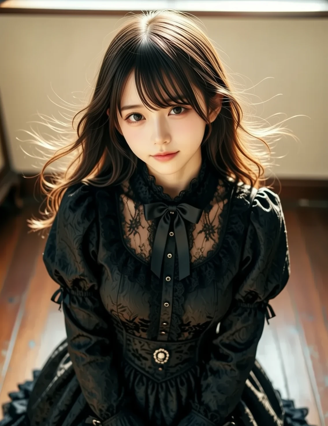 Gothic Lolita、Western-style building、masterpiece、Sleeping in bed、One girl per photo、Thighs、stockings、Full Body Shot、Front view、Young and beautiful woman in Japan、Charming person、Very cute face、Glossy lips、Body covered in sweat、Double eyelids on both eyes、 Natural Makeup、Long eyelashes、Long Bob Hair、Shiny and smooth light brown hair、Asymmetrical bangs、
