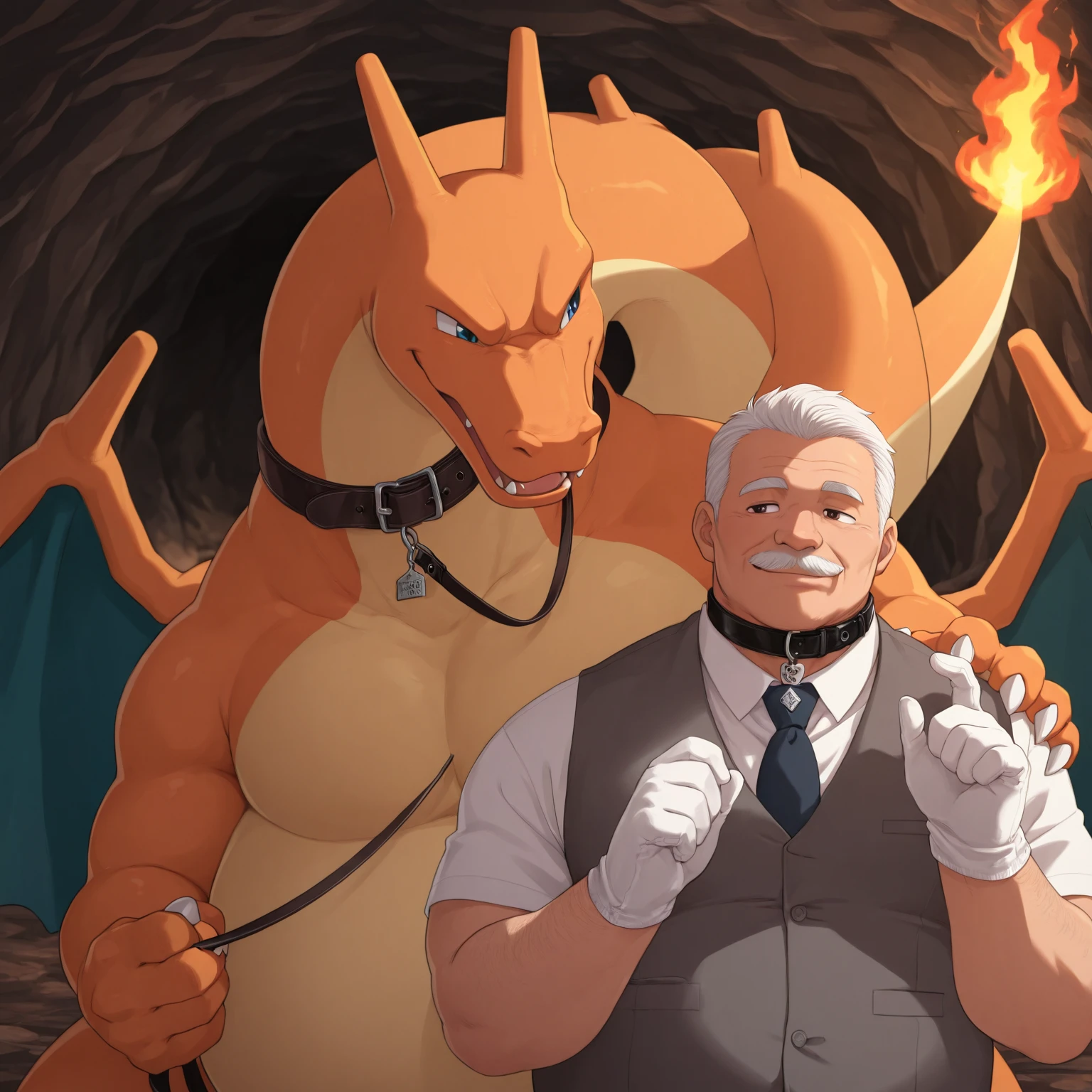 A male, fat, large, , extremely obese, doctor Charizard, with a giant hyper  and , large , Large Charizard is  an extreme amount of  from the  with immense pleasure, Large Charizard is wearing glossy light-blue rubber gloves on the hands around the wrists, wearing glossy light-blue rubber gloves on the feet around the ankles, Large Charizard is wearing a thick glossy black leather dog collar around the neck, Large Charizard is wearing a glossy white lab coat, Large Charizard is wearing a lab coat and black leather dog collar at the same time, thick black dog collar is rubber in texture, light-blue gloves are rubber in texture,  is sticky in texture, Large Charizard is clutching  with hand, rubbing  with hand, clenching teeth, , evil grin, rubber gloves go up to the wrists, rubber gloves go up to the ankles, lab coat is rubber in texture, lab coat and dog collar are worn at the same time. A second male doctor Charizard with a  and biceps wearing light-blue rubber gloves and a thick leather dog collar around the neck helping the larger doctor Charizard  extreme amounts of  from the , second doctor Charizard is wearing a glossy white lab coat and leather dog collar at the same time, second doctor Charizard is rubbing the larger doctor Charizard's , second doctor Charizard is shoving his  inside the larger doctor Charizard's , second doctor Charizard is examining the larger doctor Charizard's , second doctor Charizard is shoving his  into the opening of the larger doctor Charizard's , second doctor Charizard stroking the larger doctor Charizard's , leather collar is shiny and extremely detailed, gloves are rubber in texture and extremely detailed,  has a large vein, larger doctor Charizard is having his  pampered by the second doctor Charizard, second doctor Charizard is examining the larger doctor Charizard's  by rubbing it.