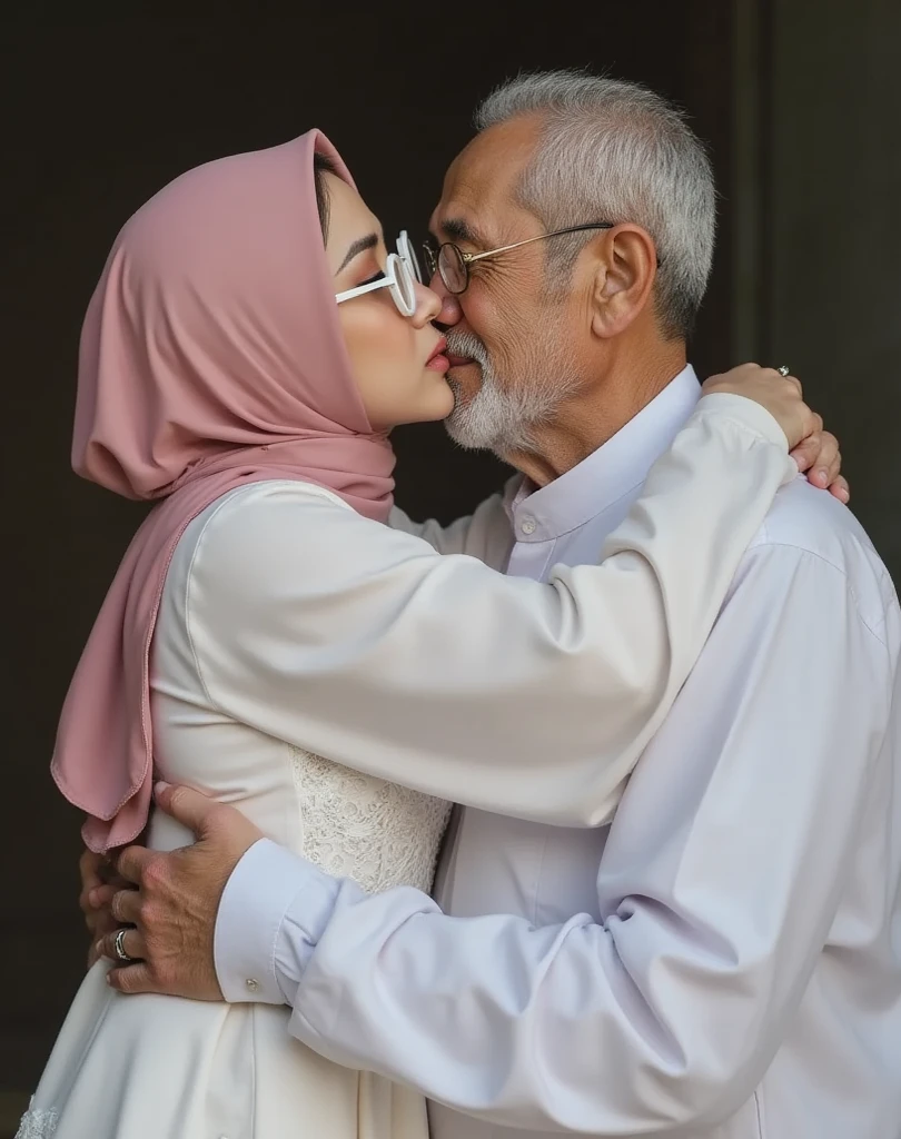 Slim fit weak Very Pale skin black eyebrows kurdish glasses teen in hijab talking with her father in room  shoulder  arm breasts  necklace bracelet 