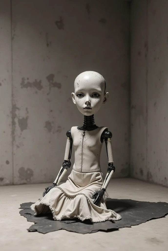 a woman, very thin body, body visible bones, very slender, sweaty wet body, pale white skin, , ,tatto, full body, has a mental breakdown in an underground prison, sit on chair