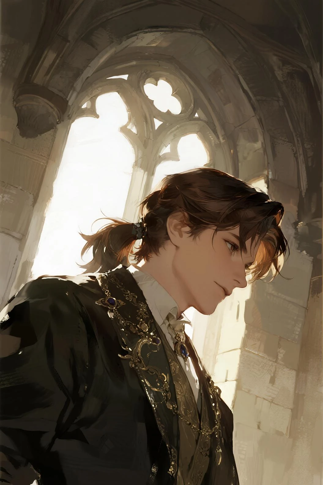 (Best quality),adult, age 38 years old, 1 male mature, very tall, elegant, (very short dark light brown hair), violet eyes, perfect eyes, light brown hair, medieval fantasy style,  richly textured background, soft lighting, portrait style, painting style, deep colors, half body, perfect, half body, big body