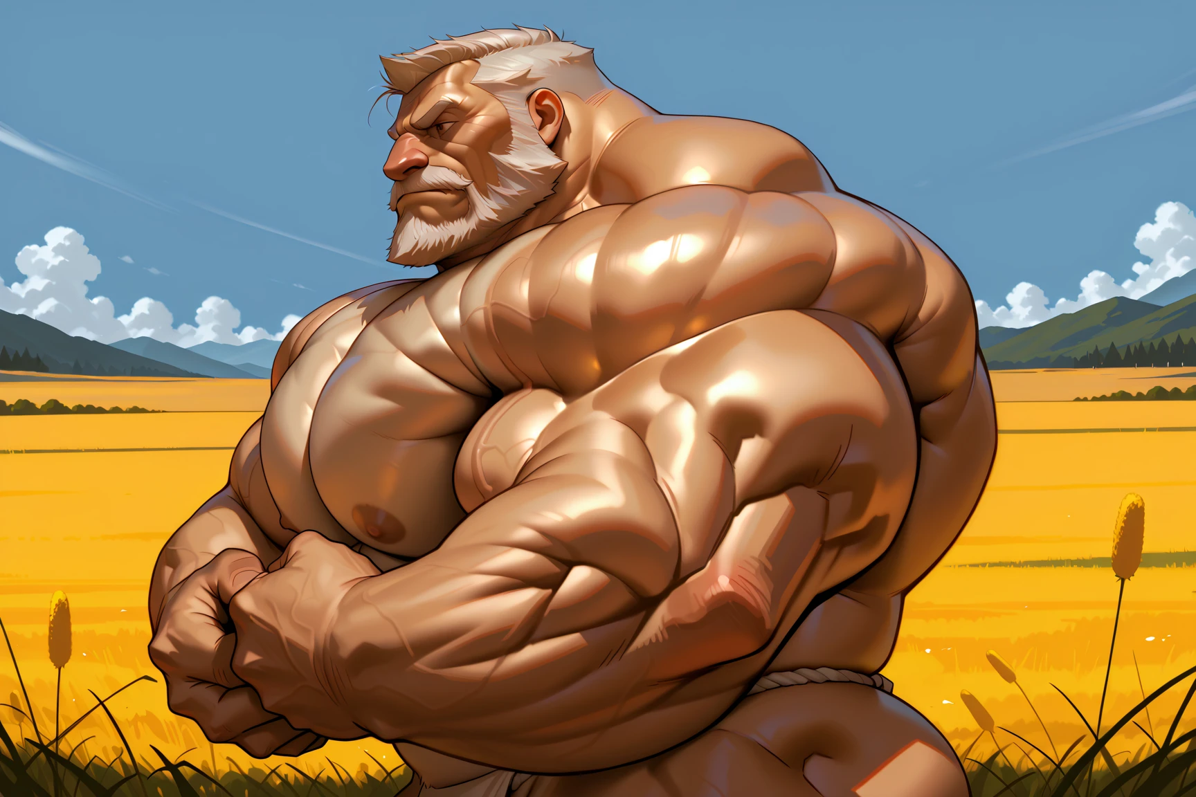 huge muscular old man in tokyo, white and short hair, white beard, old, old man, (chest hair, pubic hair,) grandpa, huge scar on chest:1.2, (huge muscular), detailed muscles, 8k, masterpiece:1.2, hyper realistic, white fundoshi:1.2, highly detailed full body, ((really big muscle, massive muscular, sixpack, thick arms, wide pectoral, super huge muscle, hyper muscular, over sized muscle, huge arms, big arms, huge pectoral)), soft ambient lighting, wrinkled skin, happy expression