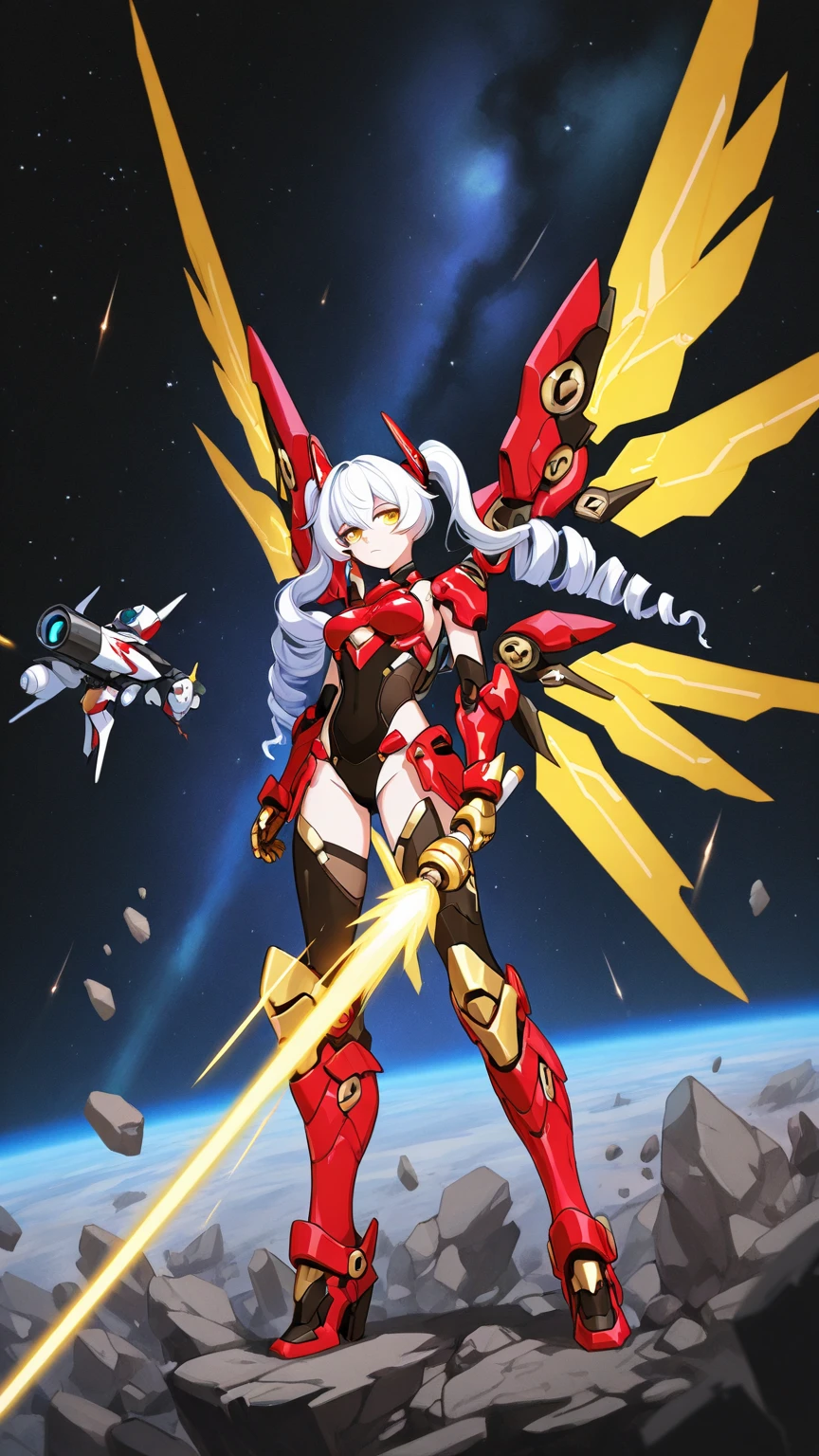 True Face、Full-body portrait、Are standing、Brown Hair、Long Hair、adult、Scientist、sf、Mechanical Battle Suit、Electronic Phoenix Wings