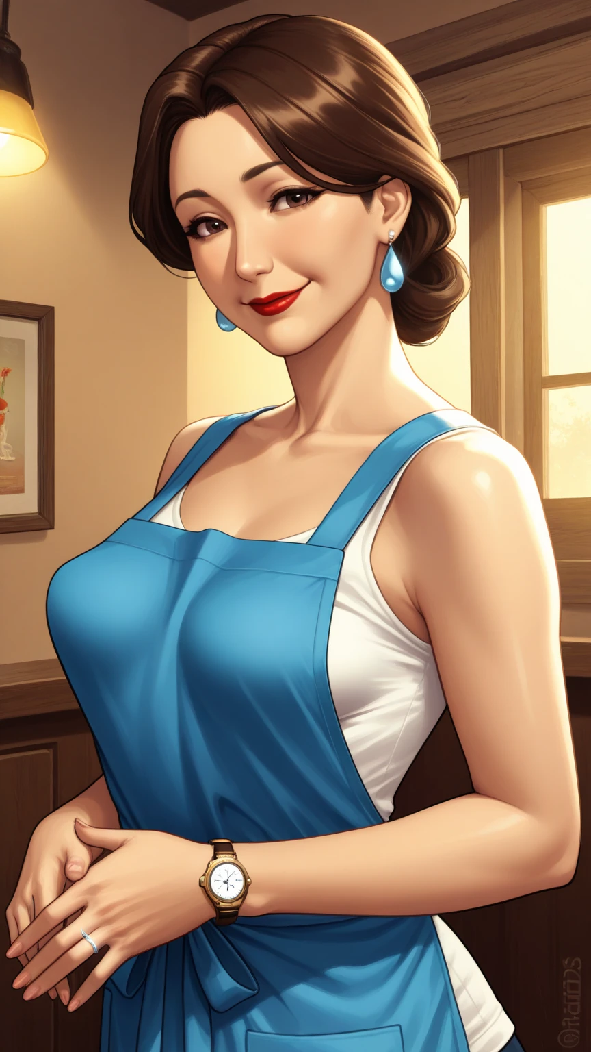 Gorgeous and sultry busty athletic (thin) brunette with sharp  features wearing a dark blue off-shoulder sleeveless dress, updo