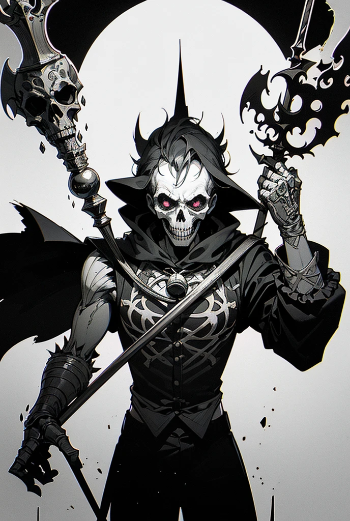 (very detailed wallpaper 8k), man, mid-shot terrifying necromancer, skull, burning eyes, ominous shadows, green smoke, intricate, high detail, dramatic