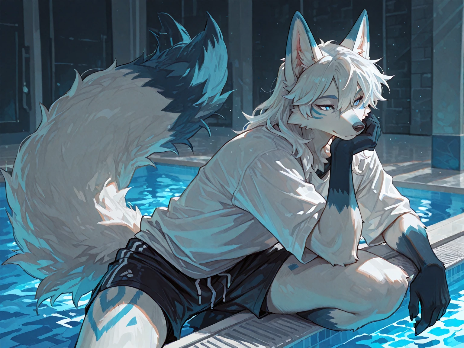 solo, ((male with short dark blue hair with red strip hair and dark blue hair with red gradient), ( chest), (), (muscle), ( jogger pants), (wet), (dripping wet body and hair), (water dripping), (sitting), (one hand rest on the knee), (big white wolf resting on the back)), (bangs), (blue eyes with red gradient), (pale skin), (smirk), ((high quality)), (extremely detailed),8k, 4k, clean line art, detailed line art, resting on the big wolf, white big wolf, simple background, water background, dark background, not bulky, no top clothes, inspired by Asukaziye artist : ask, art style : ask
