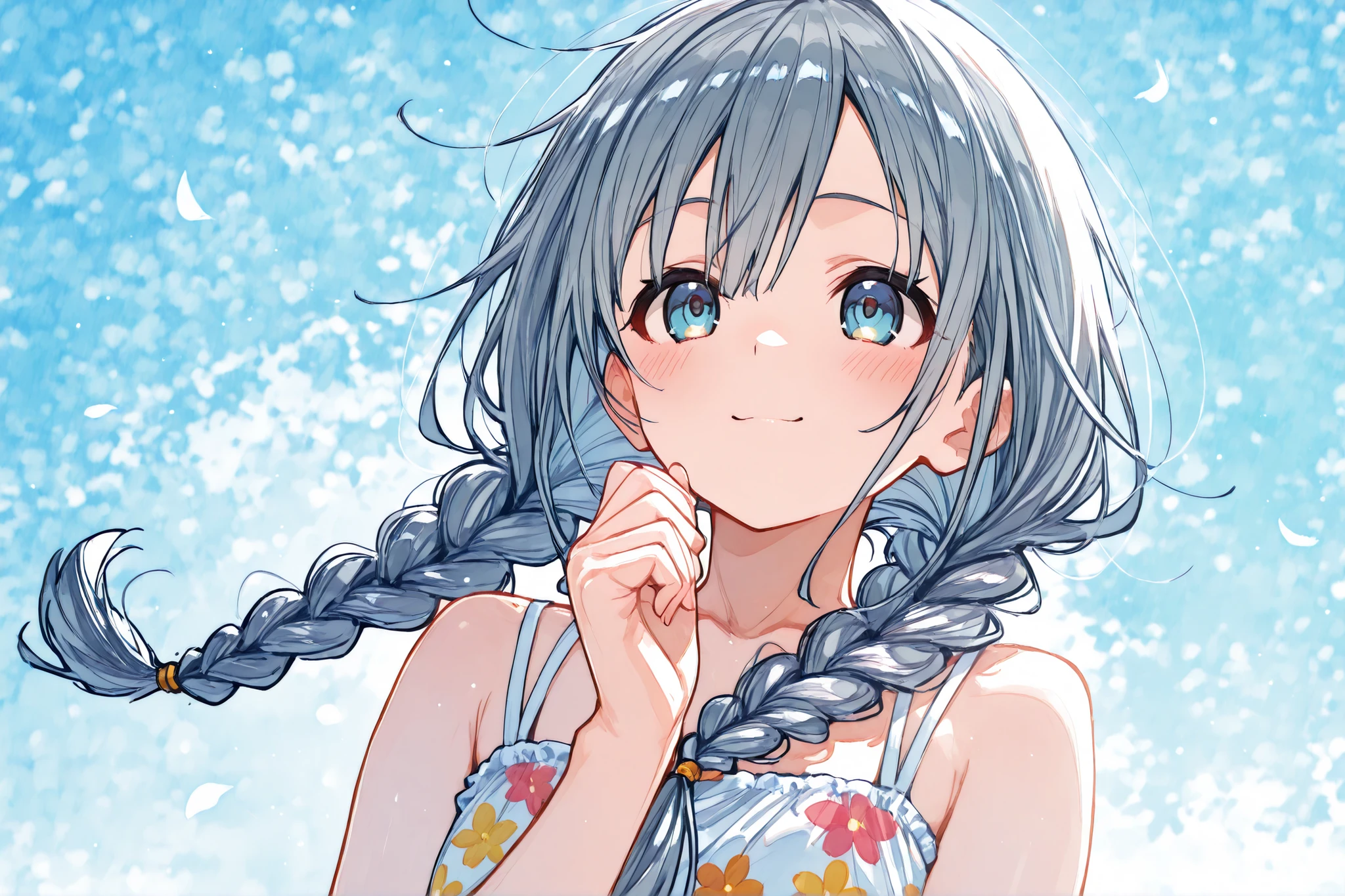 16K、masterpiece、High resolution、((17 year old female))、Little 、(((thin, Clothes that reveal ))、((thin))、Captivating look、(())、Very close、Top view、ponytail、Embarrassed appearance、blue sky、Sunflowers bloom