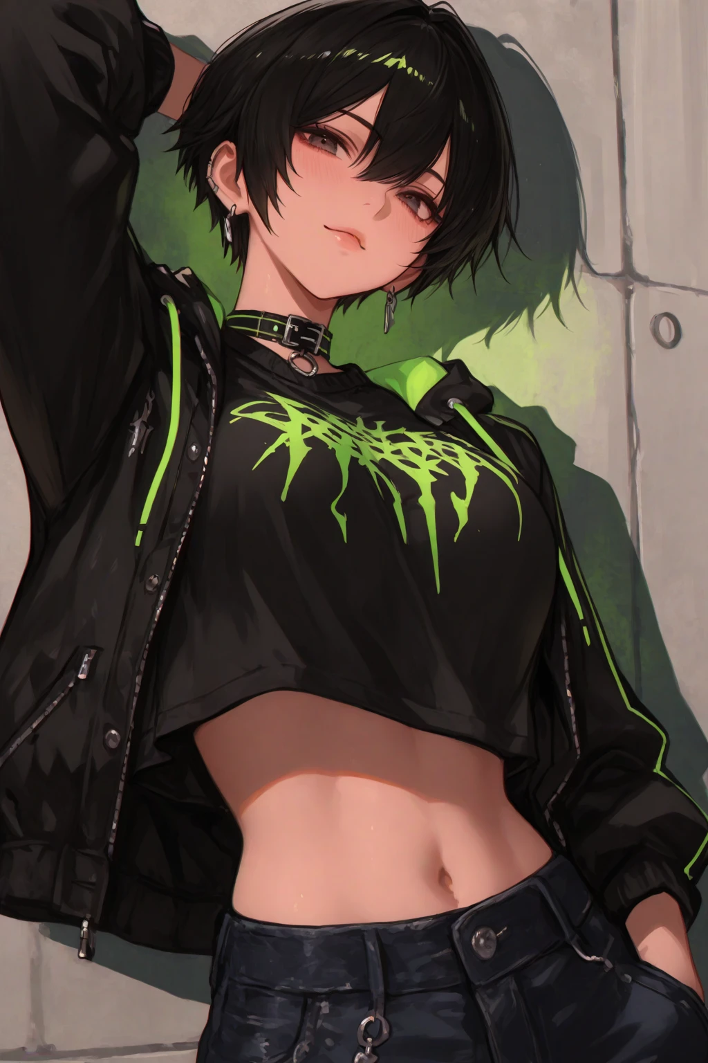 girl, (emerald green short hairstyle), ((aviator sunglasses)), (((tomboy))), big smile, street bandit clothes, leather jacket, White T-shirt, small , black leather jacket, street bandit pants with silver chain, spiked choker, piercing ears, Fingerless gloves, peace sigh, against the brick wall, glasses lowered