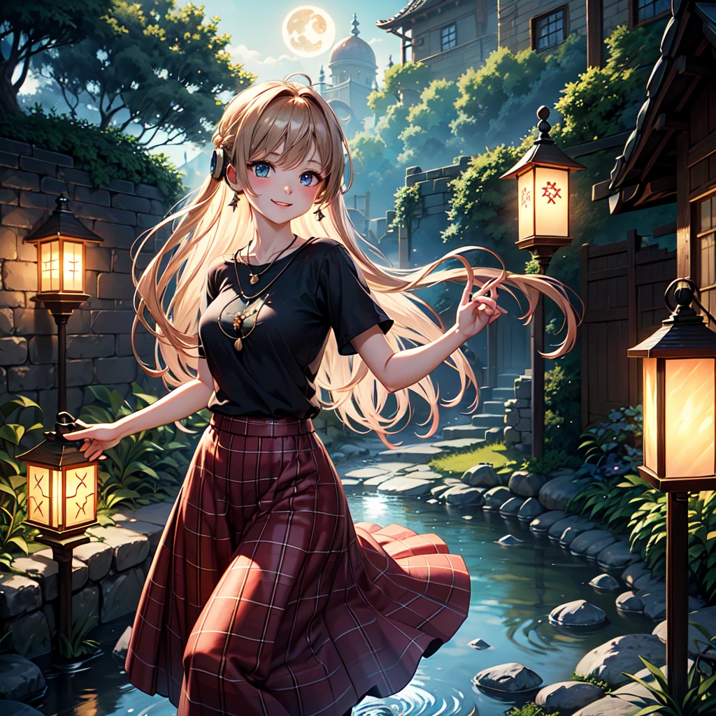 Brown, red, gold, golden hair、Red eyes、One good looking girl、solo、anime、Checkered 、Black camisole、Black T-shirt、hoodie、Wearing a ribbon、Ribbon on waist、Crystal Earrings、Gemstone Necklace、Light and shadow、Tilting face、Teeth are visible、waterfall、Kuroko、tunnel、pylon、Sunset sky、Towering、frilled lizard、light、flash、Barrel、Wife、loose、moss