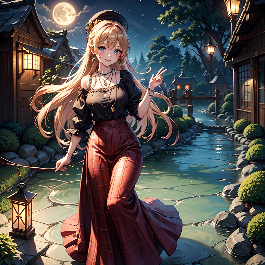 orange blonde、red eyes、one good looking girl、独奏、animesque、lightly dressed、Plaid 、flower petals、wetting hair、sitting on、Black T-shirt、large tree、云、fullmoon、railroad crossing、monster castle、lantern、Gates of Hell、Sateen