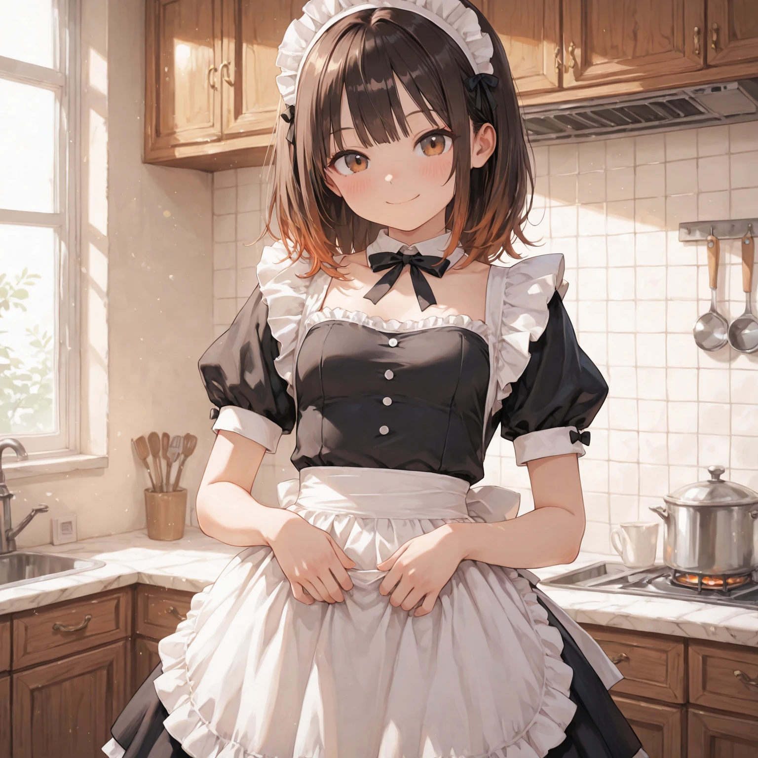 A maid, (in kitchen), various hair styles, night, details face, short skirt, seducing, sleeveless, maid uniform, armpits, elf