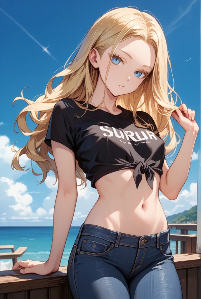 (8K、Highest quality、Highest quality、masterpiece)、Detailed face、One Girl、(Brown Skin:1.2)、White Long Hair、Yellow Eyes、Grin、(Black tank top、Denim hot shorts、Mini Shorts、 Peek、、wedgie、Spread  under shorts)、 view、Beach、cloud、、Spread 、spread 、Big Breasts、20 year old girl、girl in her 20s
