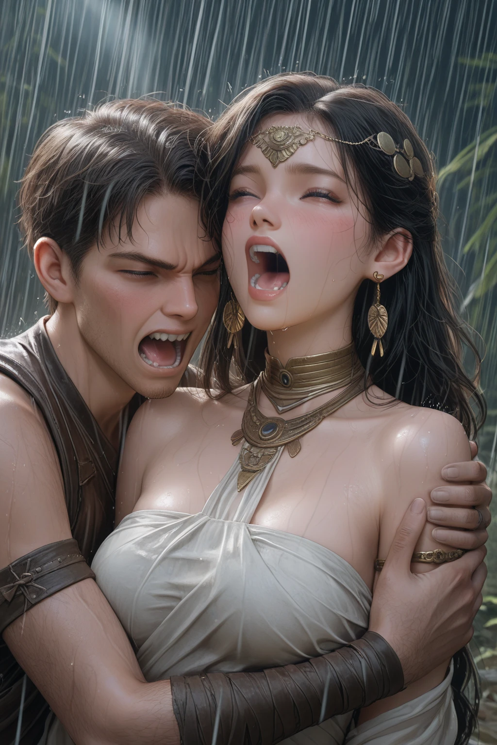 (couple cuddling) rough man Zeus muscular , beauty, , , ,  legs, , standing, hanfu, wet, clear, realistic, highest detail, Chinese mythology, dragon pattern, phoenix, sacred, holy, mountains