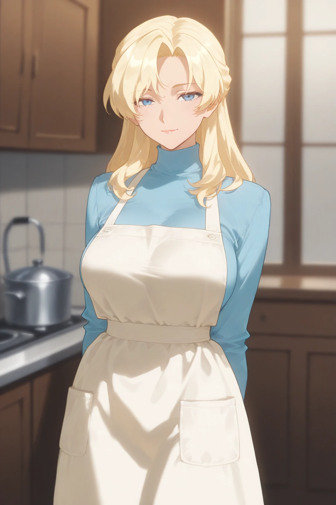 Anime, 2d anime, cartoon anime, detailed illustration, dynamic angle, ultra-detailed, illustration, full body shot, 1girl,  1950’s stay at home wife, button up blouse and long skirt, anime half closed eyes. A knowing smile, standing in kitchen, domestic goddess, blonde white American woman