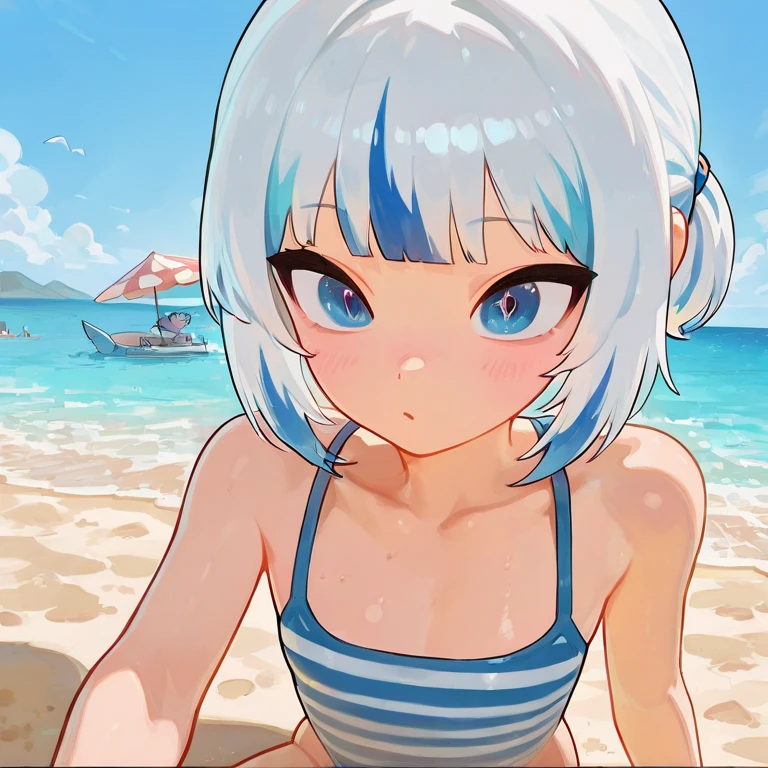 ((masterpiece)), ((best quality)), (ultra-detailed), ((extremely detailed)), 4K, (8K), best quality, a beautiful woman, ((beautiful light gray hair)), shiny hair, ((fluffy bob cut)), light blue eyes, detailed skin, freckled skin, flushed cheeks, 20 years old,　(High resolution, vibrant colors, beach vibes, beautiful girls, tropical paradise, joyful atmosphere, summer fashion, confident poses, sandy beach, crystal clear water, warm sunlight, exotic plants, wooden beach chairs, beach umbrellas, stylish sunglasses, beach waves, playful expressions, refreshing cocktails, carefree laughter, body positivity, festive atmosphere, trendy swimwear, flattering silhouettes, fashionable accessories), 1girl