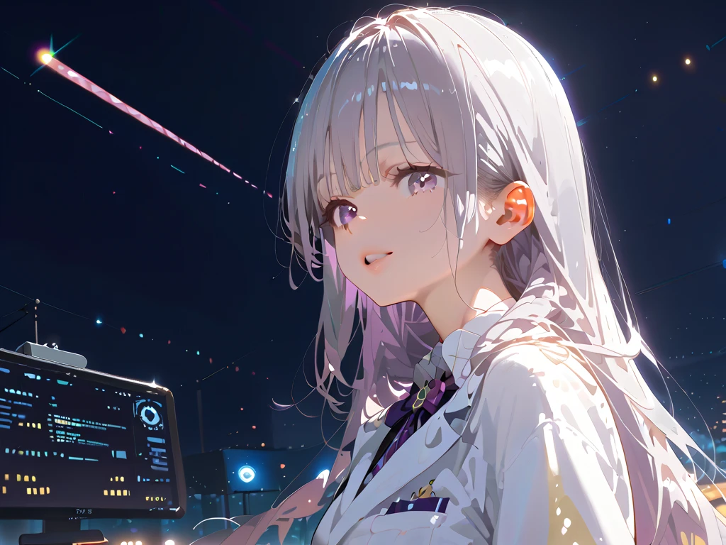 "anime girl, 1 person, silver white hair, light pink purple eyes, wearing cat ear headphones, female shirt, female school uniform, tie, black , , tights, standing cross-legged, side view, (full HD 4K+ image)"